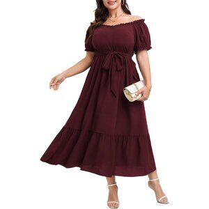 Plus Size Wedding Guest Dress Puff Sleeve Off Shoulder Maxi with Belt